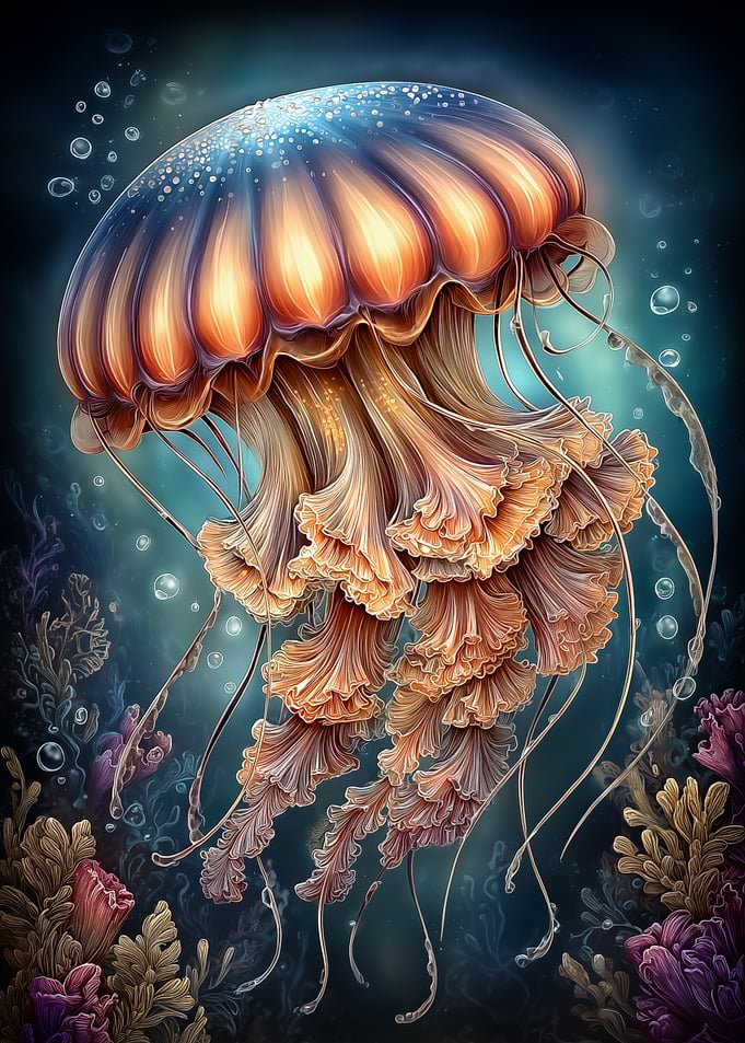 Vibrant Jellyfish in Deep Sea