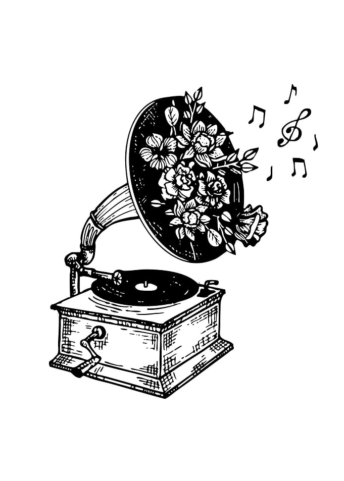 Vintage Gramophone with Flowers and Music Notes