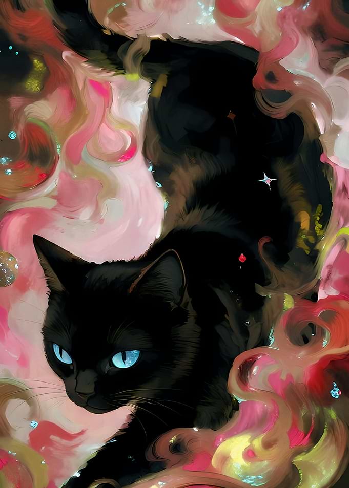 Black Cat with Blue Eyes in Cosmic Swirls