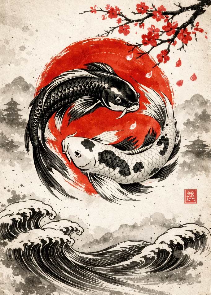 Yin Yang Koi Fish with Cherry Blossoms