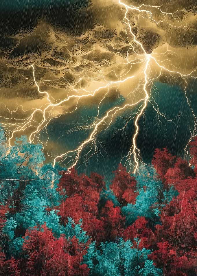 Thunderstorm over colorful forest