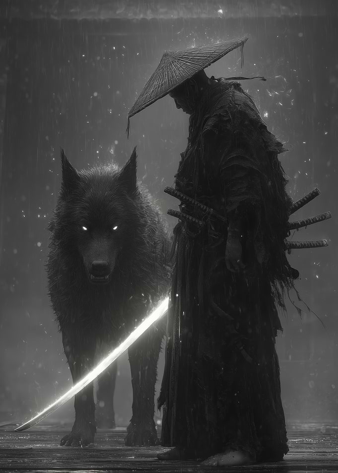 Samurai with Wolf and Glowing Sword