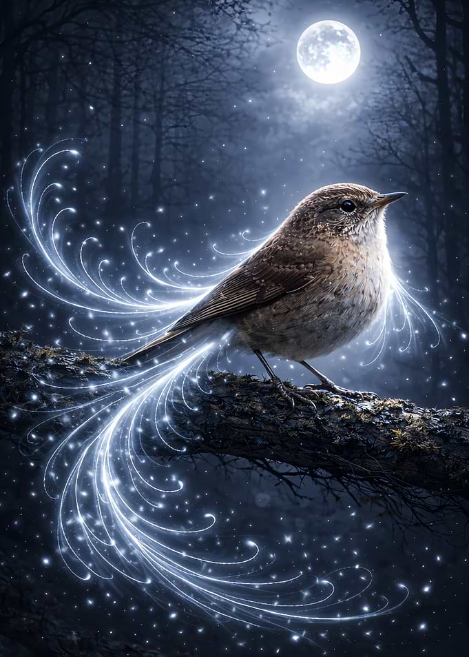 Magical Bird in Moonlight - Wren Fantasy Art