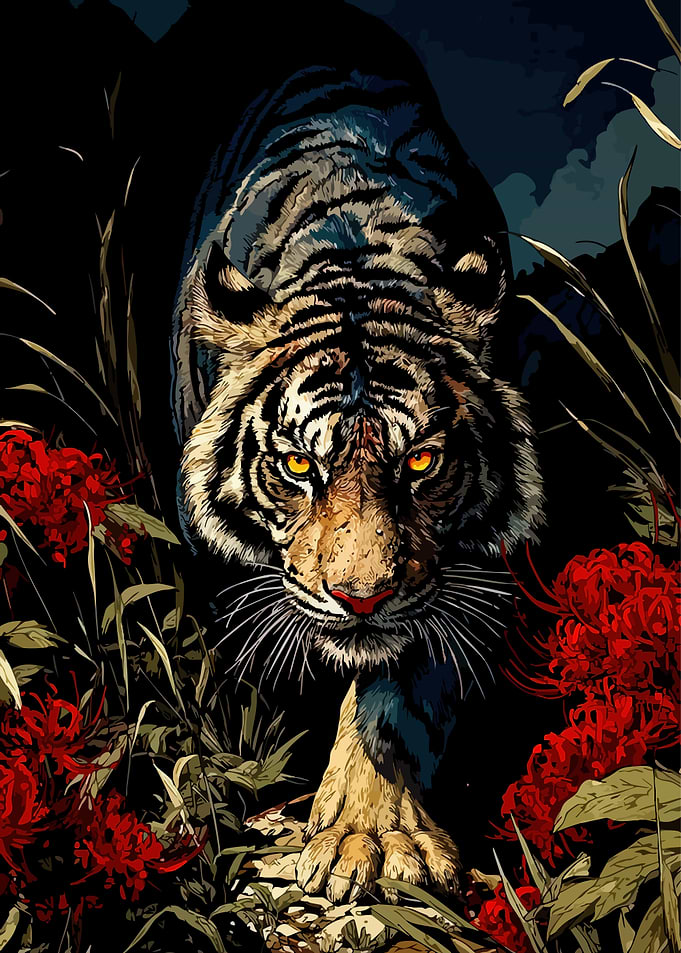 Tiger in Red Flowers