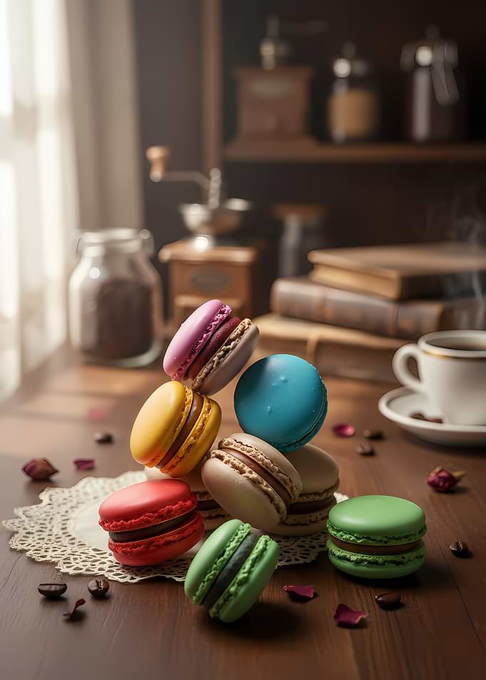 Assortment of Colorful Macarons with Coffee
