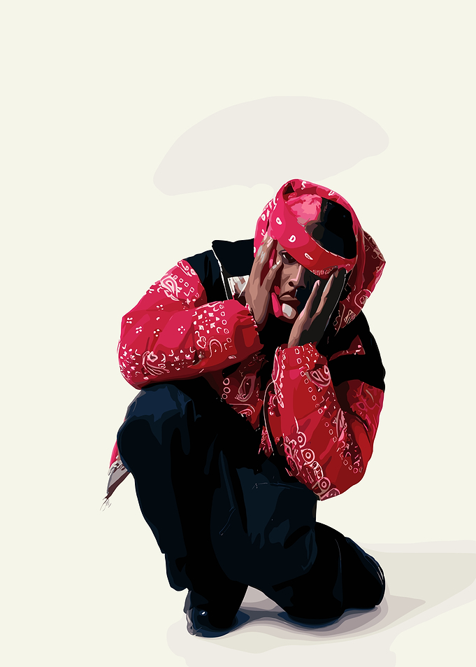 Man in Red Bandana Jacket Squatting