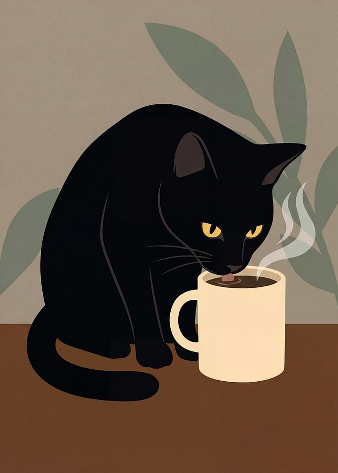 Black Cat Drinks Coffee