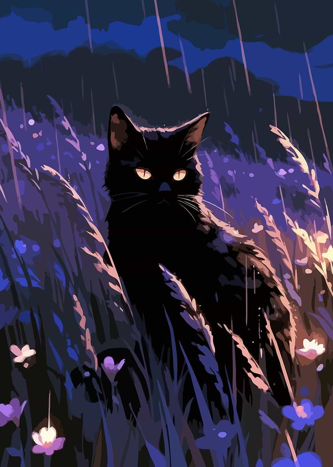 Black Cat in Rainy Field Majestic Art