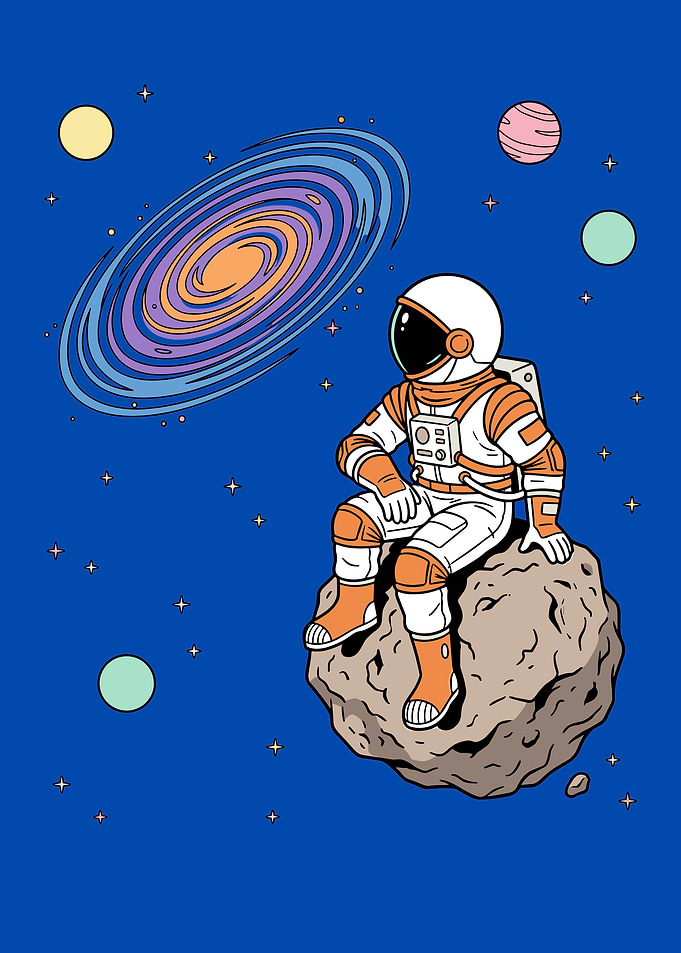 Astronaut Sitting on Asteroid in Space