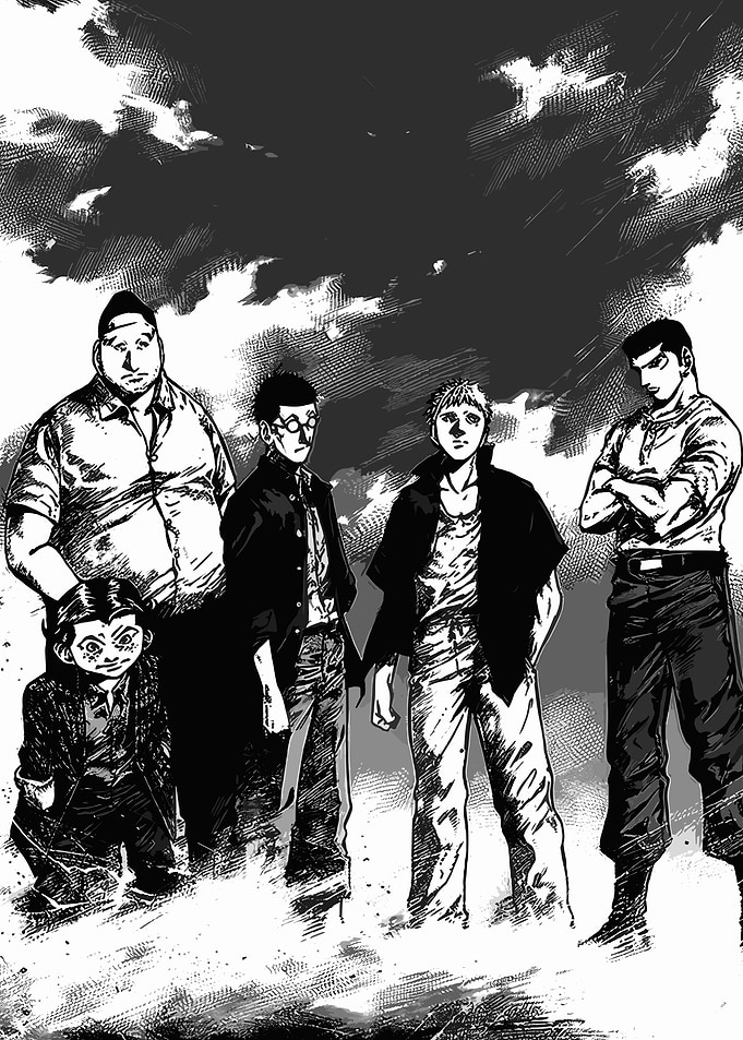Group of Men Standing Under Dramatic Sky