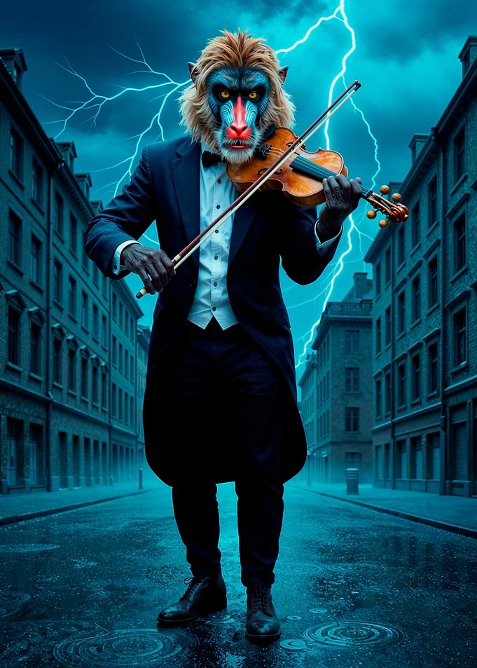 Baboon playing violin in storm
