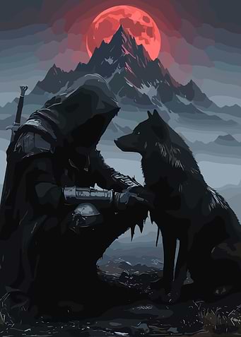 Hooded Figure and Wolf Under Red Moon