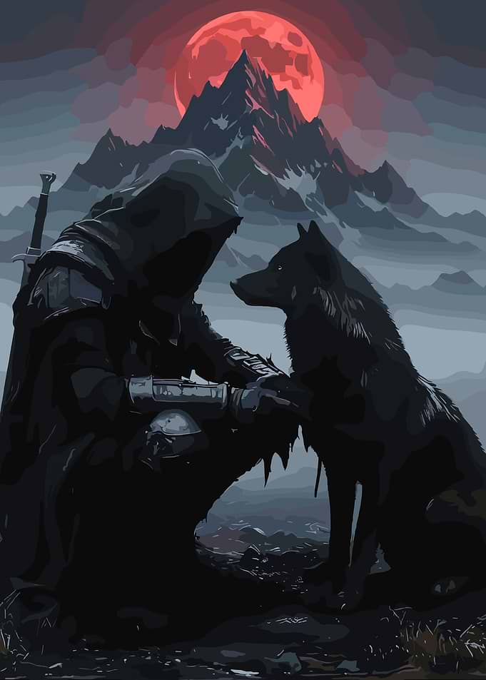 Hooded Figure and Wolf Under Red Moon