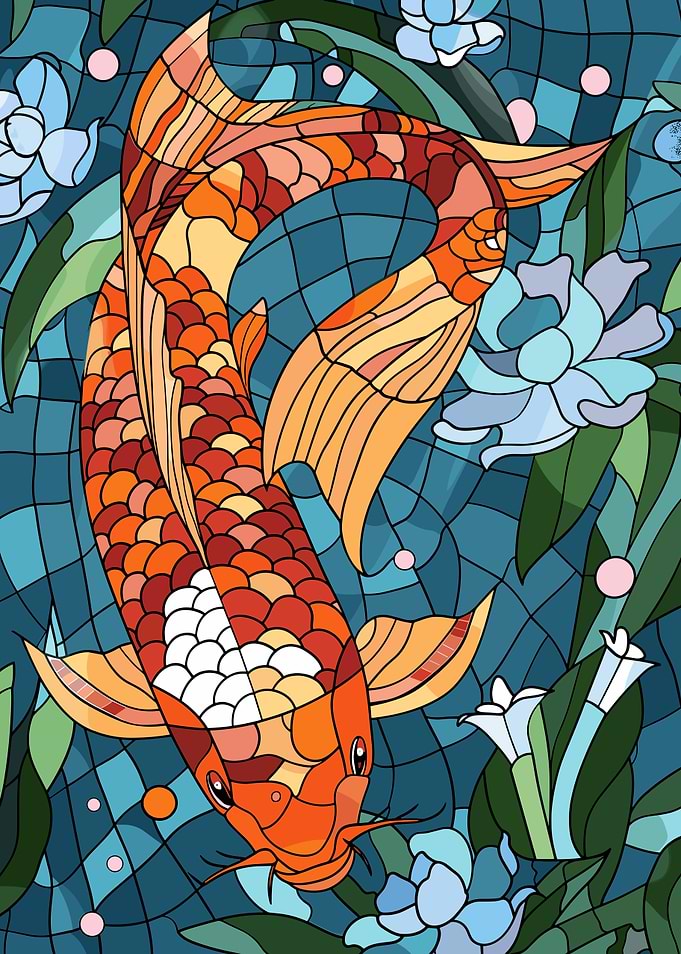 Stained Glass Koi Fish and Lotus Flowers