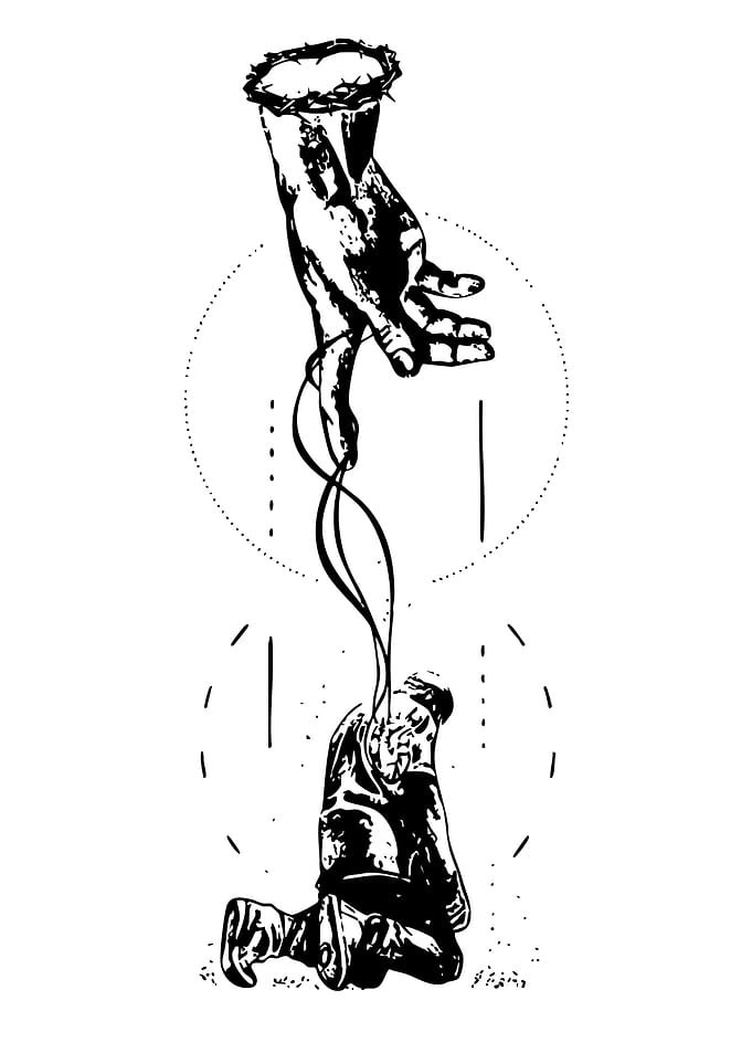 Divine Hand Reaching Down to Kneeling Figure