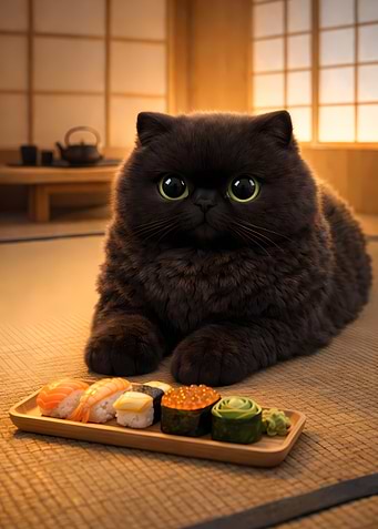 Chubby Black Cat Laying on Tatami with Sushi 3D Art