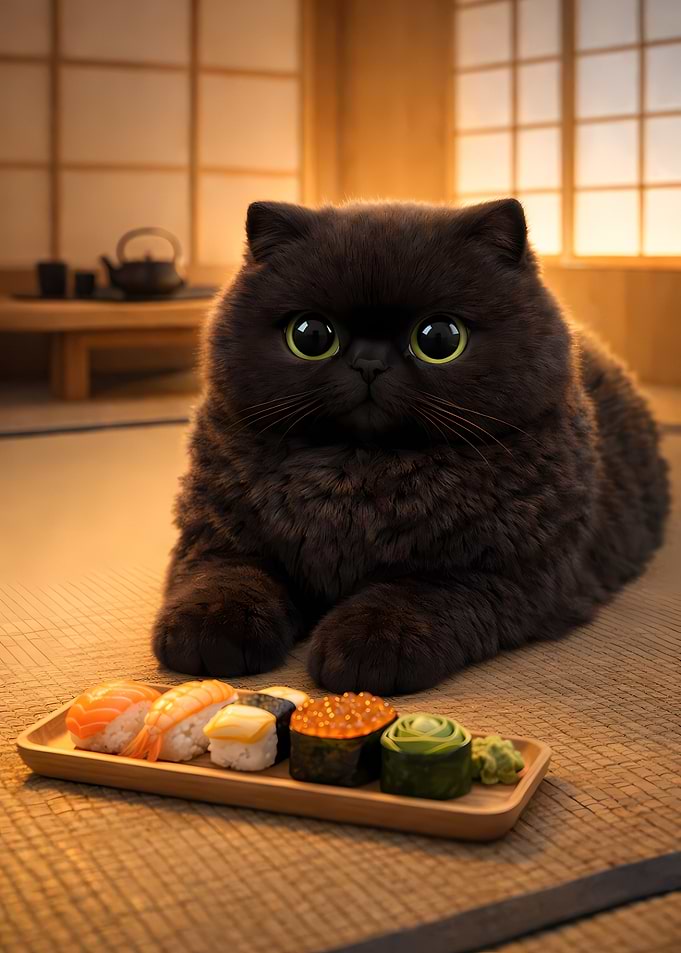 Chubby Black Cat Laying on Tatami with Sushi 3D Art