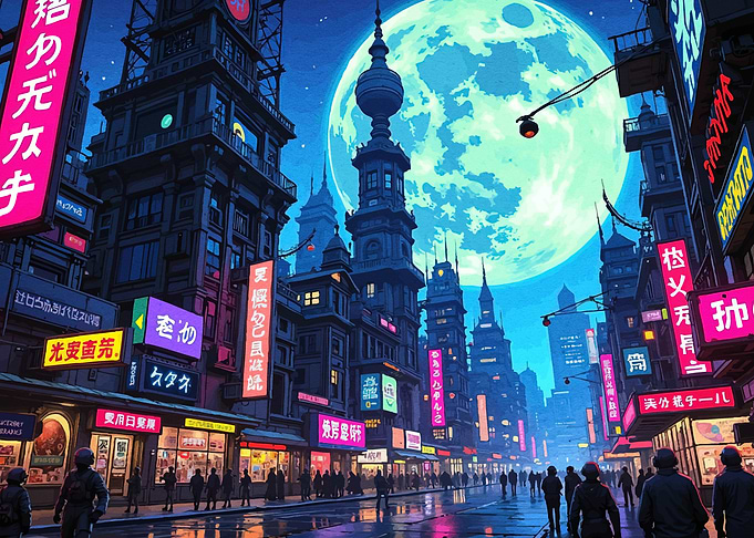 Cyberpunk Cityscape at Night with Giant Moon