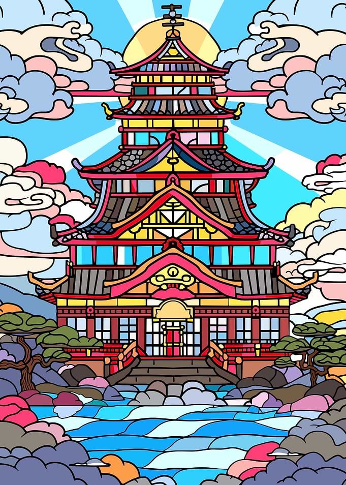 Vibrant Japanese Pagoda by the Water