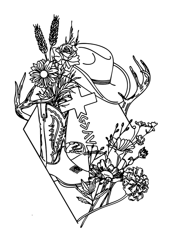 Western Cowboy Boot and Hat Floral Design