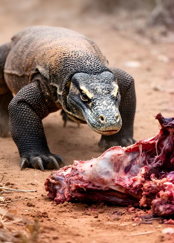 Komodo dragon eating raw meat