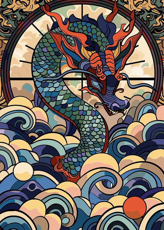 Dragon in a Circular Frame with Waves