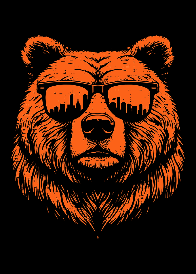 Urban Bear Poster, Cool Cityscape Sunglasses Art, Distressed Orange Bear Wall Print