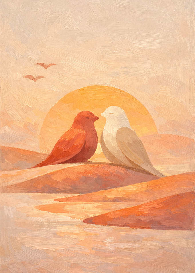 Sunset Love Birds Impasto Art