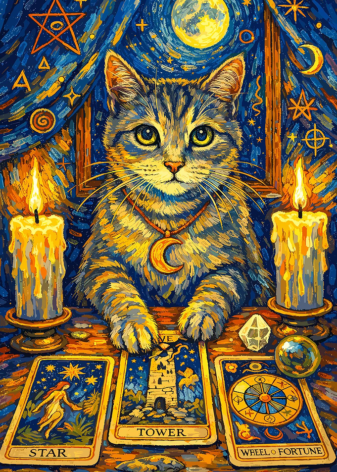 Mystical Cat with Tarot Cards