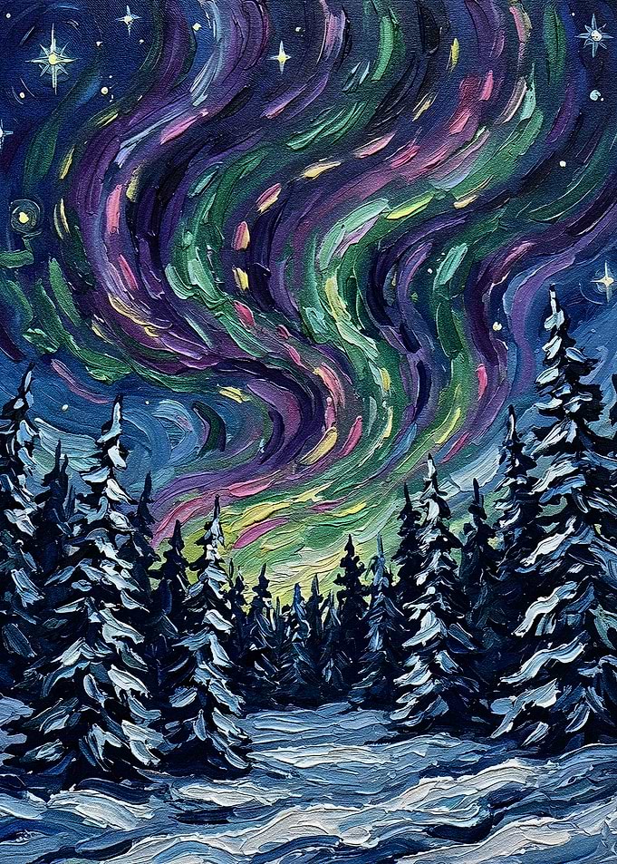 Aurora Borealis Over Snowy Forest