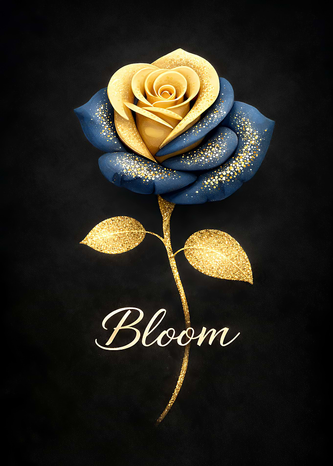 Blue and Gold Rose with Bloom Text
