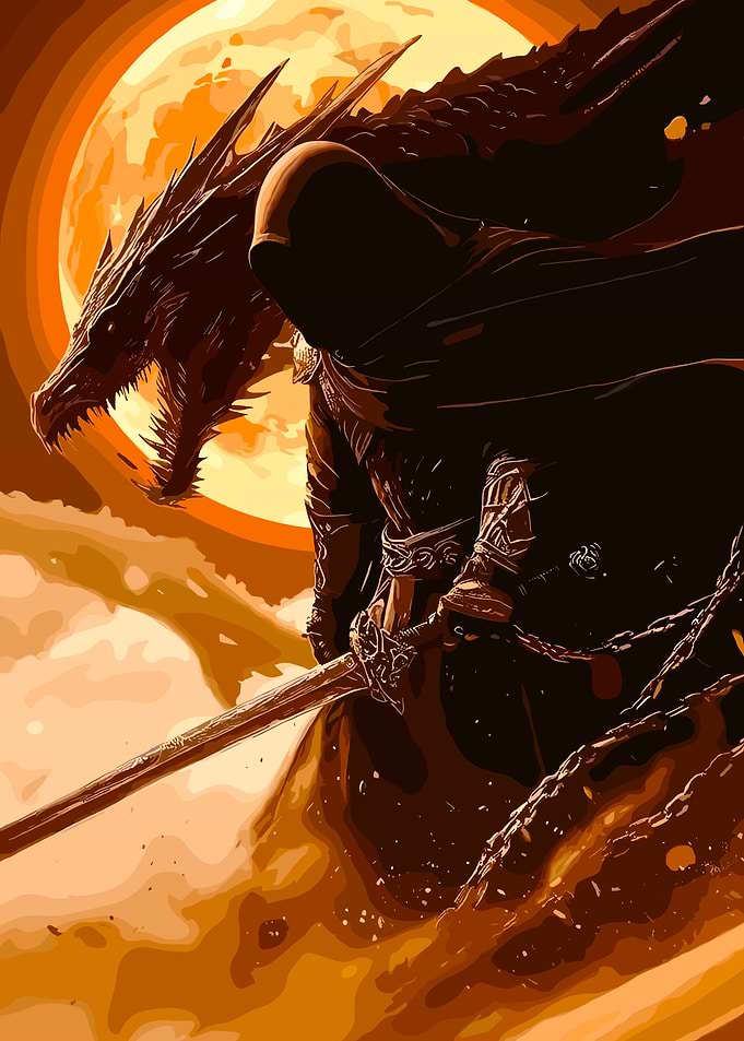 Dragon and hooded warrior with sword