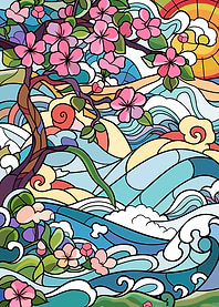 Stained Glass Cherry Blossoms and Waves