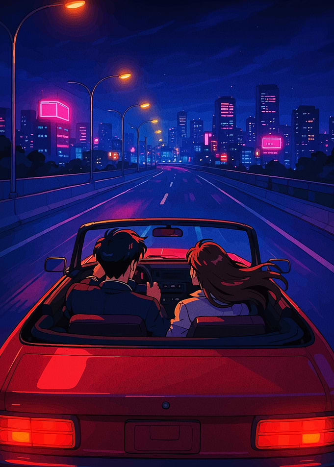 Couple driving in a retro convertible at night
