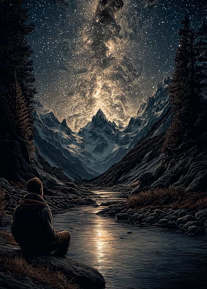 Man Gazing at Starry Mountain Landscape