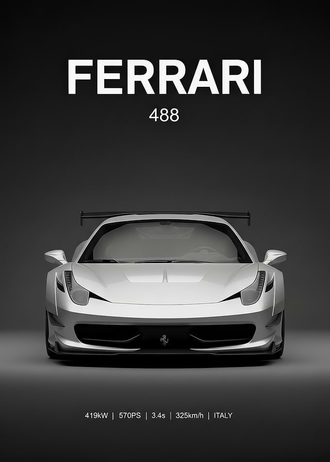 sport silver Ferrari 488 Poster
