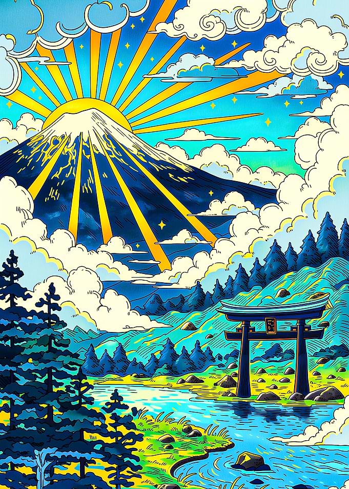 Sunrise over Mount Fuji with Torii Gate