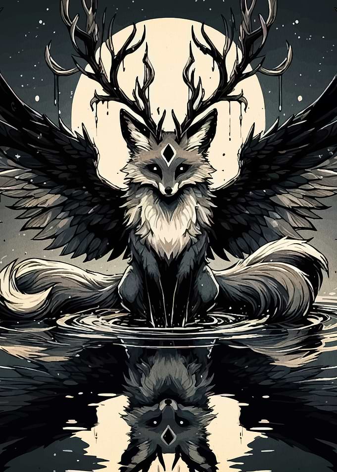 Mythical Winged Fox with Antlers