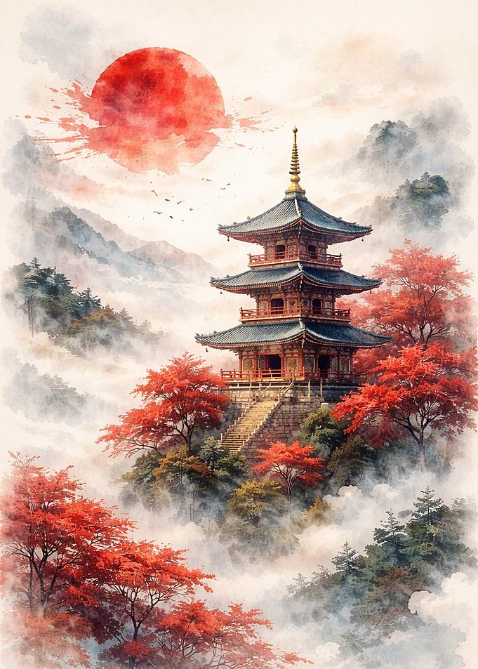 Pagoda in Misty Mountains with Red Sun