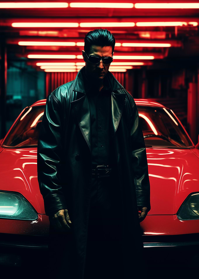 Man in Coat with Red Car