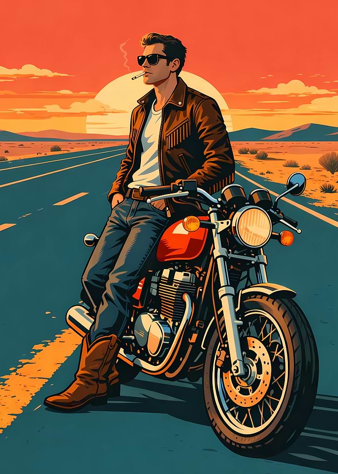 Man on a motorcycle at sunset