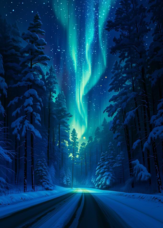 Aurora Borealis Over Snowy Forest Road