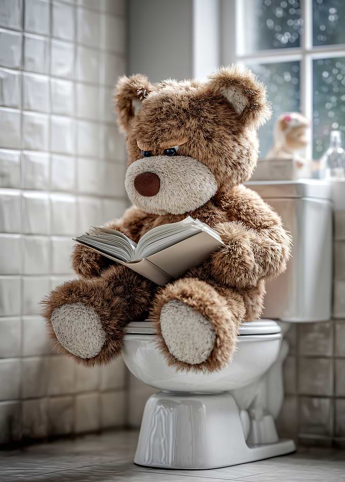 Teddy bear reading on toilet