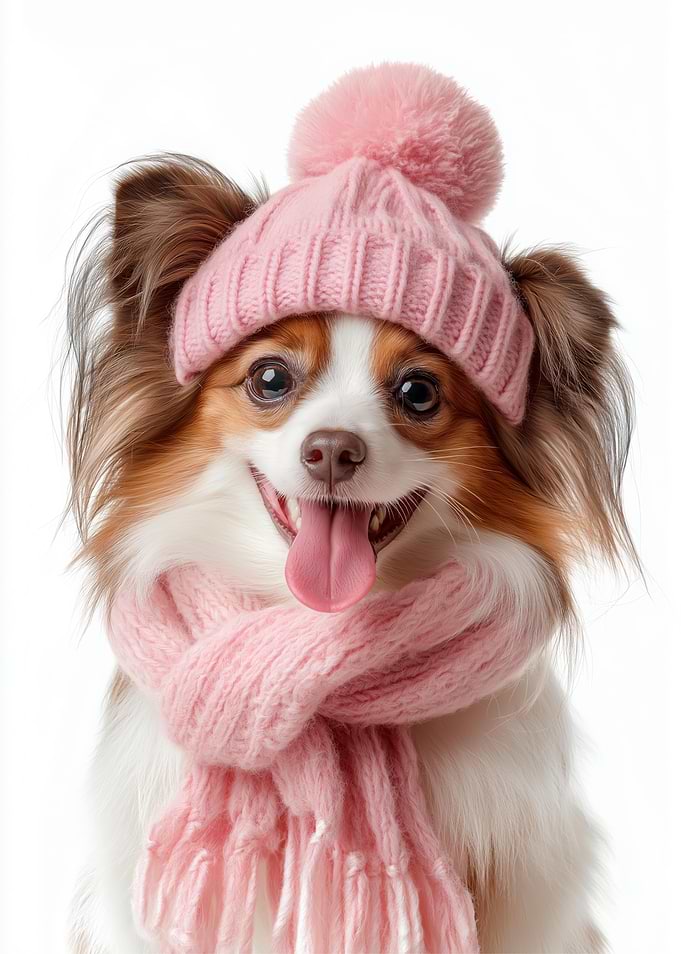 Cute Papillion Dog Wearing Pink Winter Hat and Scarf