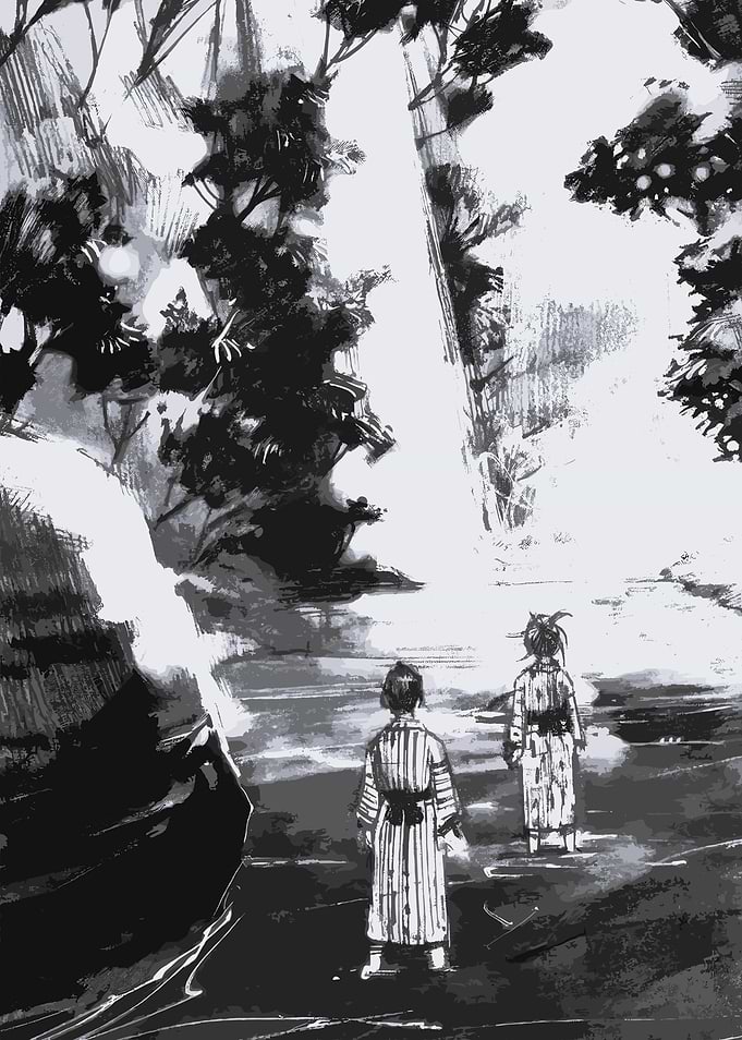 Two figures in a forest by a waterfall