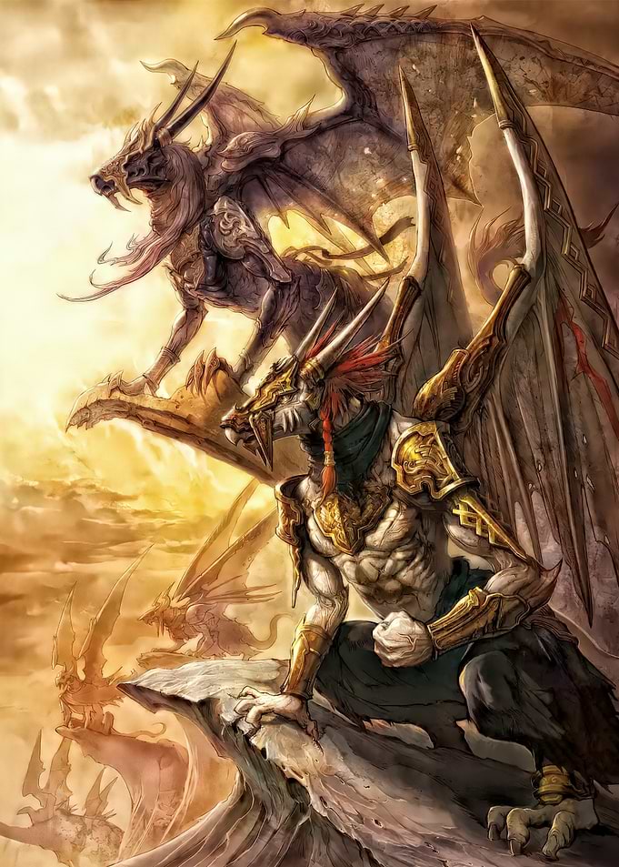 Mythical winged creatures on rocky outcrops