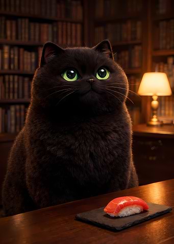 Chubby Black Cat in Luxury Japanese Library with Sushi 3D