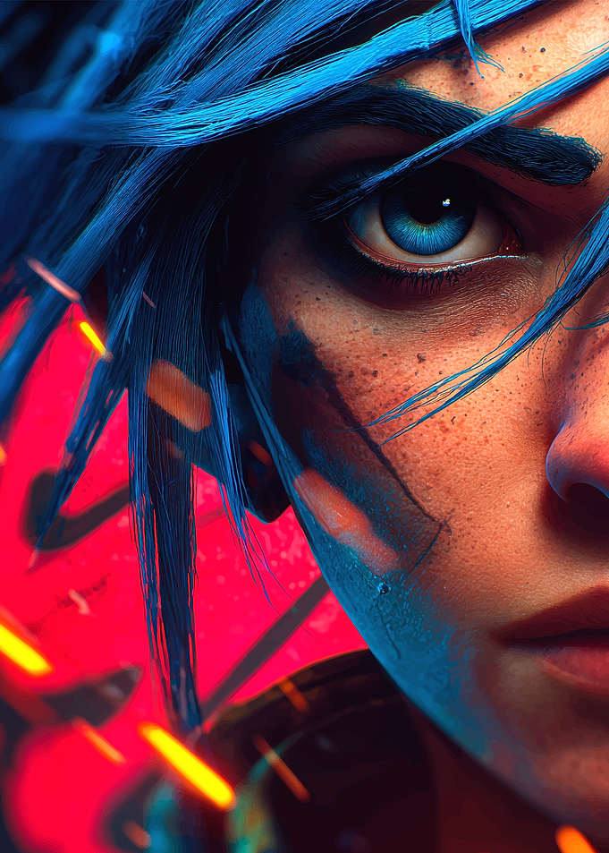 Close-up of a character with blue hair
