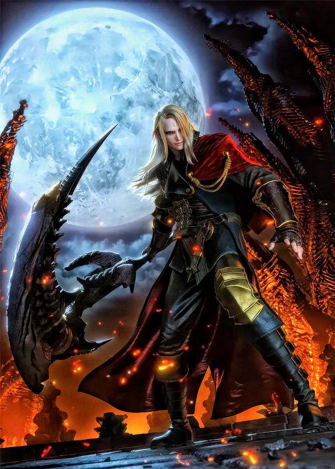 Fantasy warrior with scythe under moon