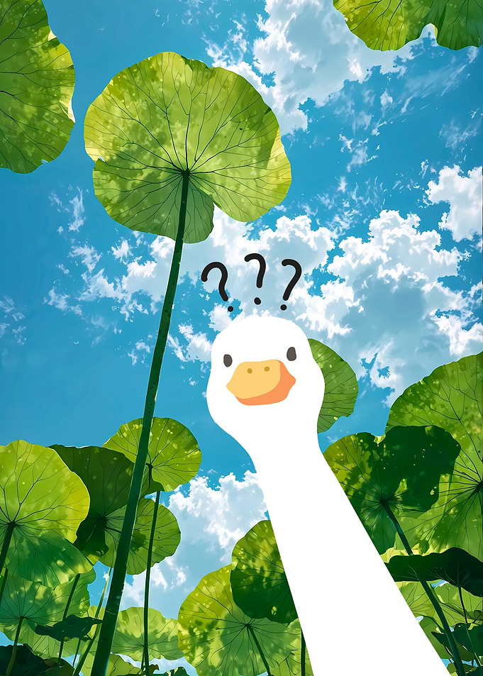 Confused Duckling Among Lotus Leaves
